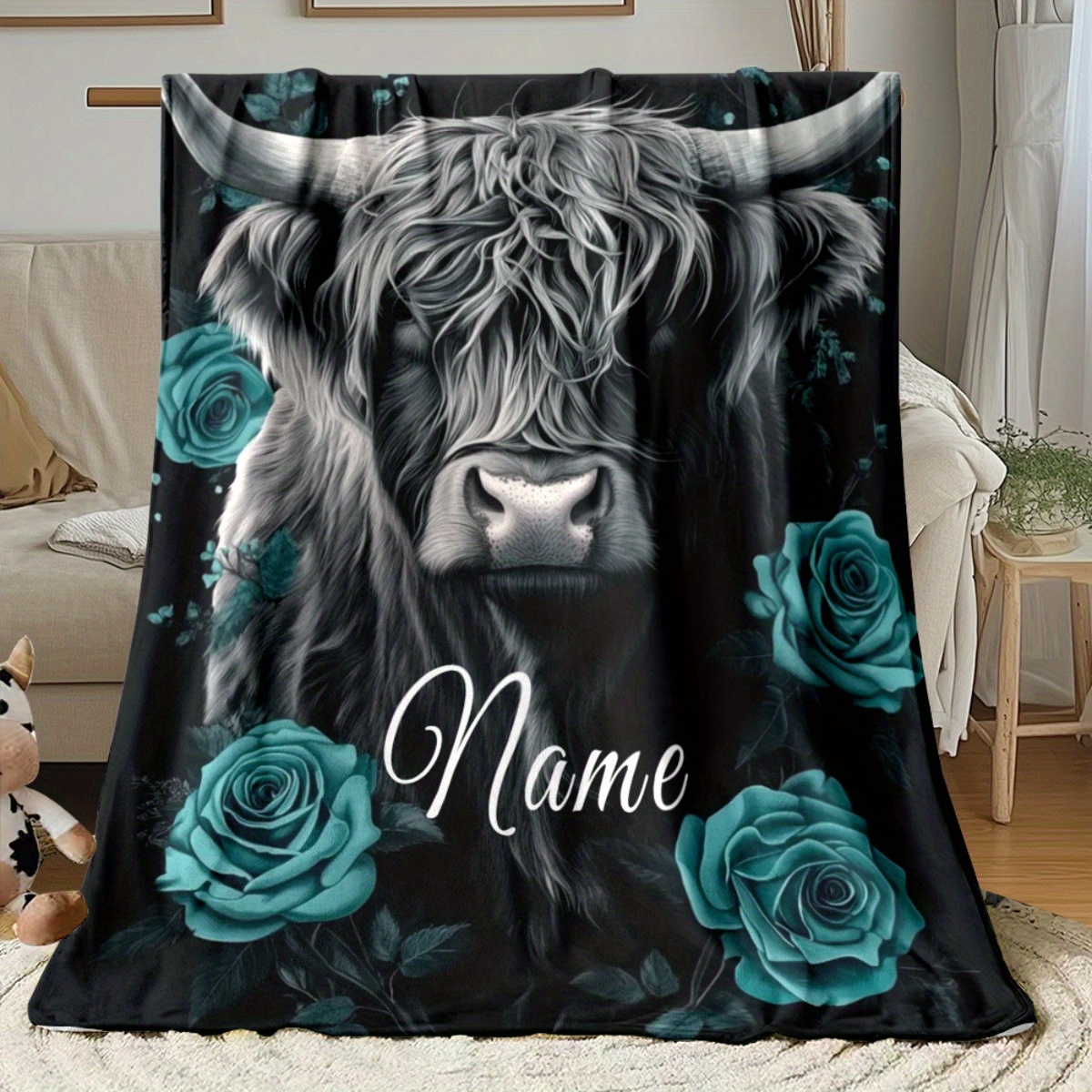 Highland Home Textiles - بطانية مخصصة بتصميم بقرة هايلاند باللونين