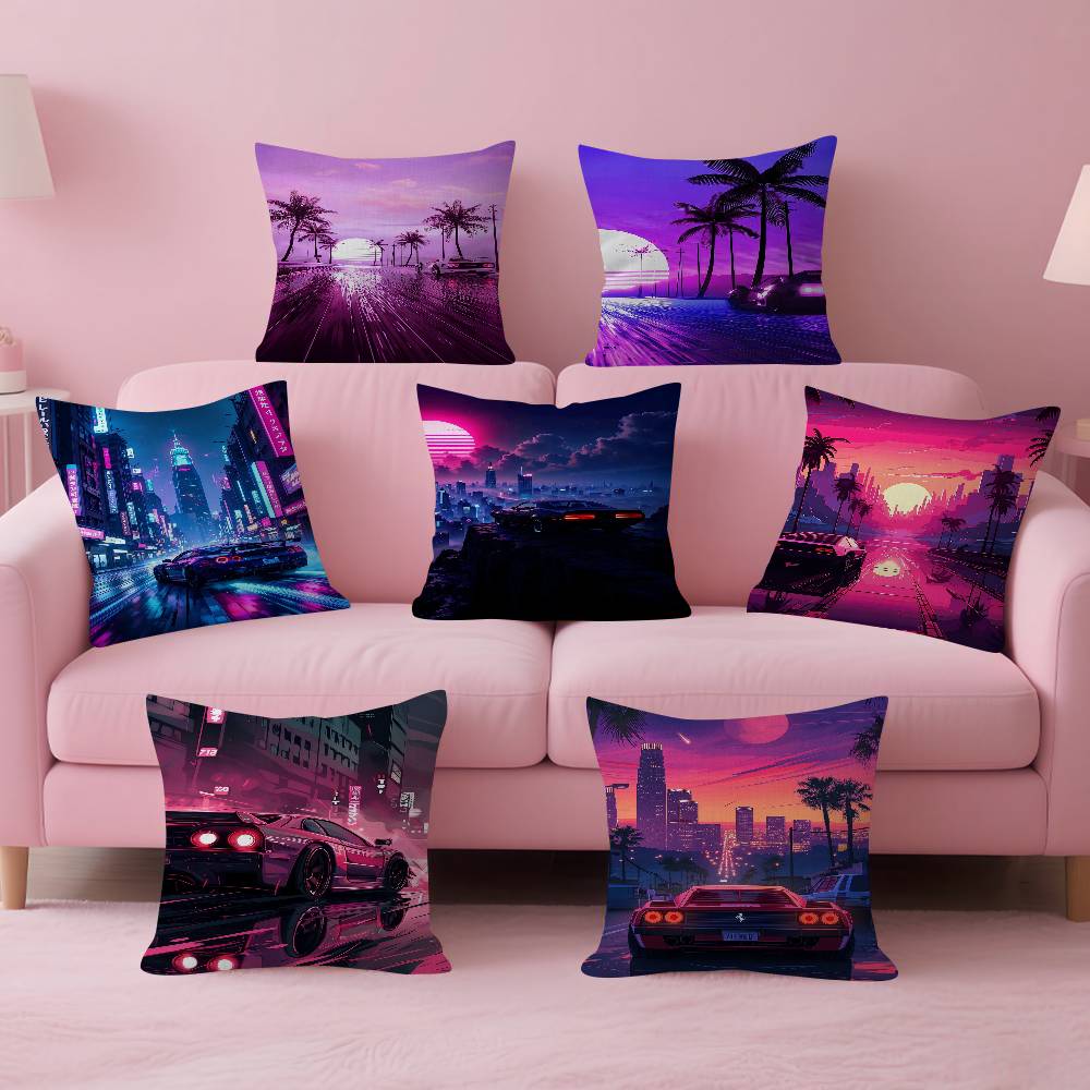 Home Textiles City - غطاء وسادة بتصميم مدينة ليلية نيونية