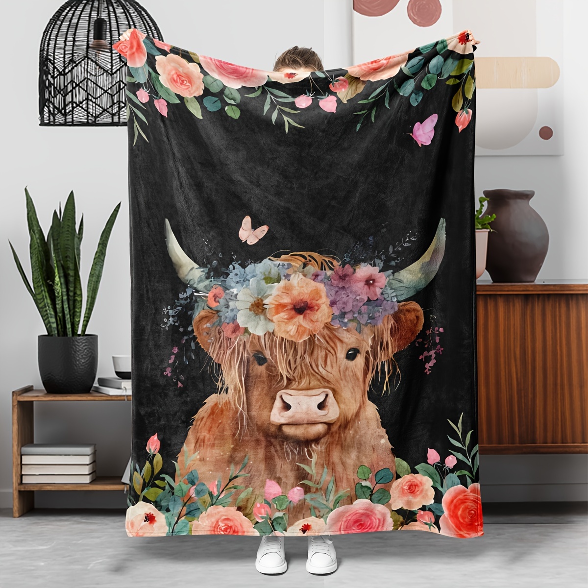 Highland Home Textiles - بطانية رمي الفانيلا: بقرة المرتفعات الرائعة