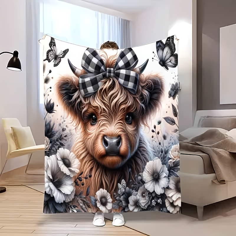 Highland Home Textiles - بطانية منقوشة على شكل بقرة هايلاند