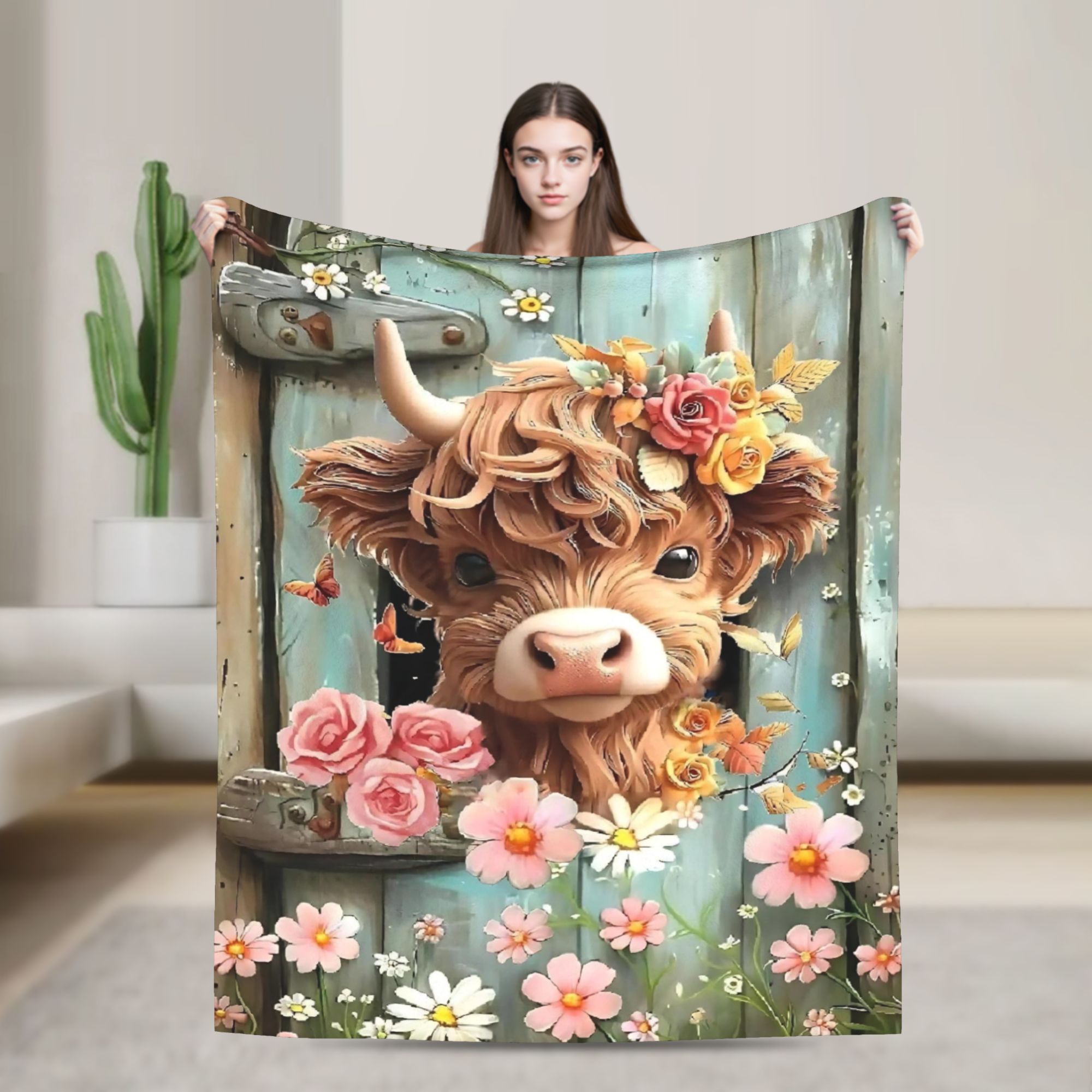Highland Home Textiles - بطانيات هايلاند كاو بوهو بنقوش زهرية،