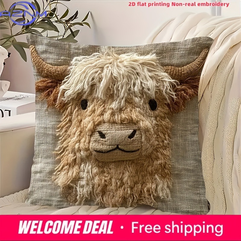Highland Home Textiles - غطاء وسادة مطبوع بتصميم بقرة هايلاند