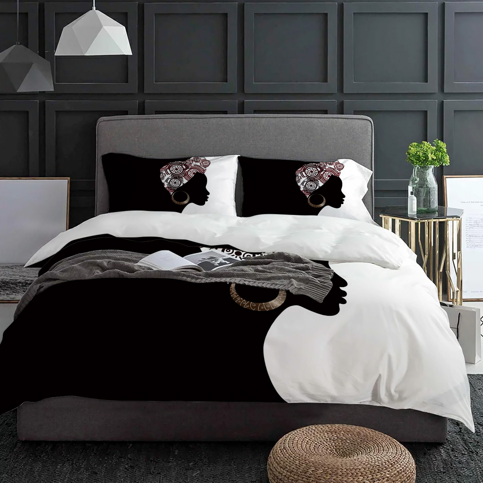 Home Textiles Bedding - امرأة سوداء أسود أبيض طقم سرير